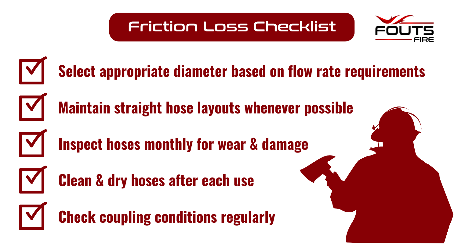 Infographic of a checklist for preventing friction loss, including selecting the appropriate diameter based on flow rate requirements, maintaining straight hose layouts whenever possible, inspecting hoses monthly for wear & damage, cleaning & drying hoses after each use, and checking coupling conditions.