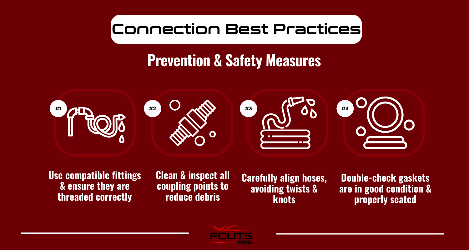 Infographic detailing prevention & safety measures for fire hoses, including using compatible fittings & ensuring that they are threaded correctly, cleaning & inspecting all coupling points to reduce debris, carefully aligning hoses and avoiding twists & knots, and double-checking that gaskets are in good condition and are properly sealed.