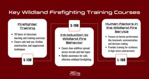 Infographic detailing key wildland firefighter training courses, including S-130 (Firefighter Training), S-190 (Introduction to Wildland Firefighter Behavior), and L-180 (Human Factors in the Wildland Fire Service).