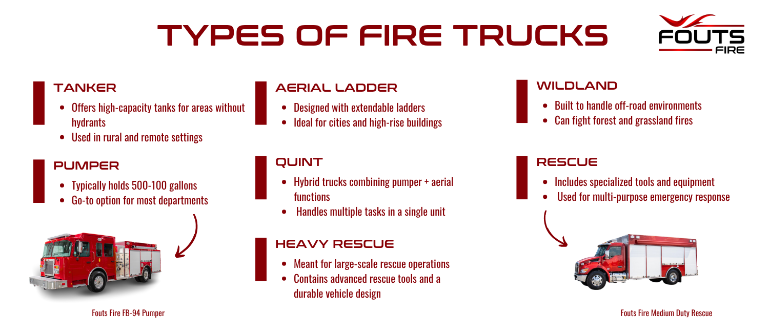 Infographic detailing different types of fire trucks, including tankers, pumpers, aerial ladders, wildland, heavy rescue, quint, and rescue trucks.