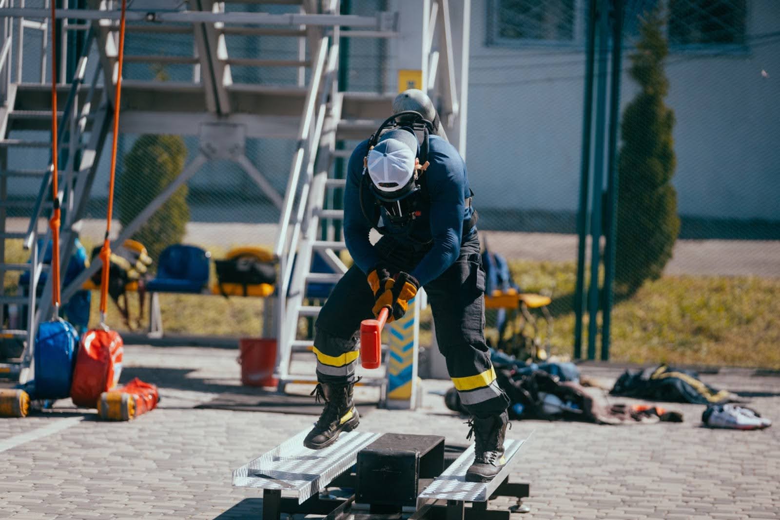 A firefighter participates in a training exercise.