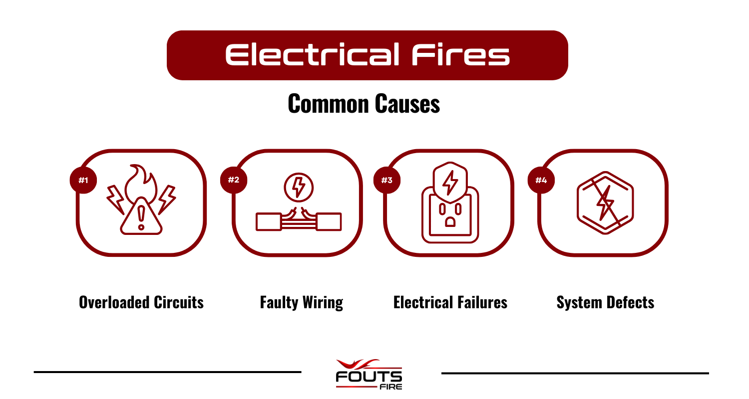 Infographic listing common causes of electrical fires, including overloaded circuits, faulty wiring, electrical failures, and system defects.