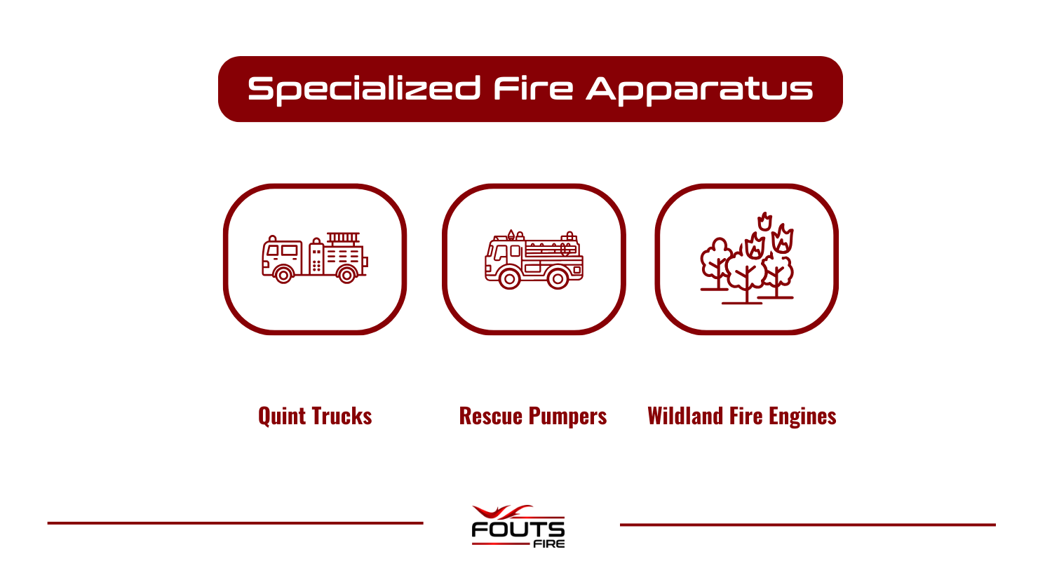 Infographic listing types of specialized fire apparatus: quint trucks, rescue pumpers, and wildland fire engines.